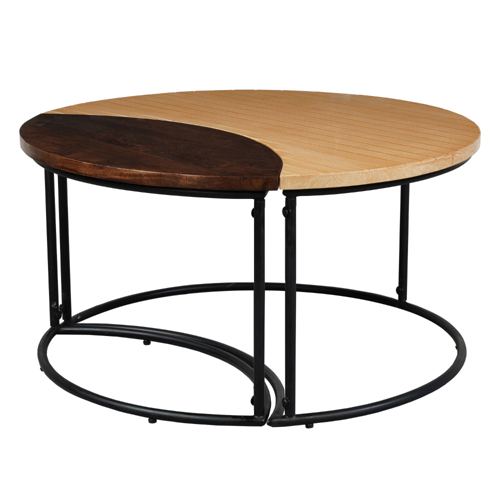 The Urban Port 35 Inch 2 Piece Coffee Table with Black Iron Frame, 2 Tone Mango Wood Top In Natural Brown And Walnut