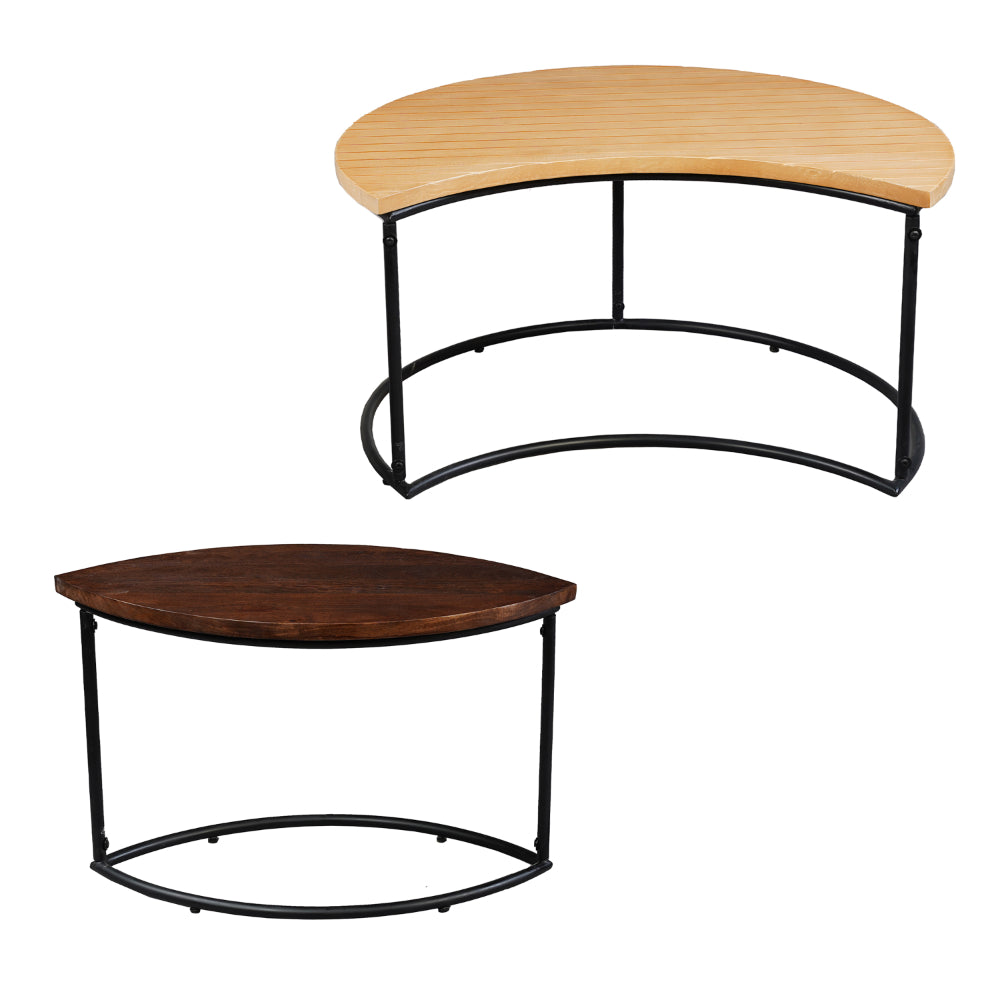 The Urban Port 35 Inch 2 Piece Coffee Table with Black Iron Frame, 2 Tone Mango Wood Top In Natural Brown And Walnut