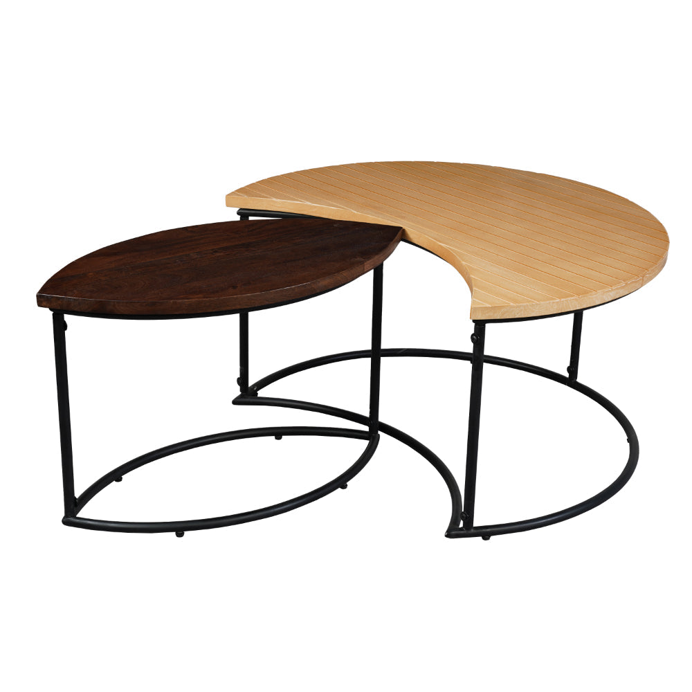 The Urban Port 35 Inch 2 Piece Coffee Table with Black Iron Frame, 2 Tone Mango Wood Top In Natural Brown And Walnut