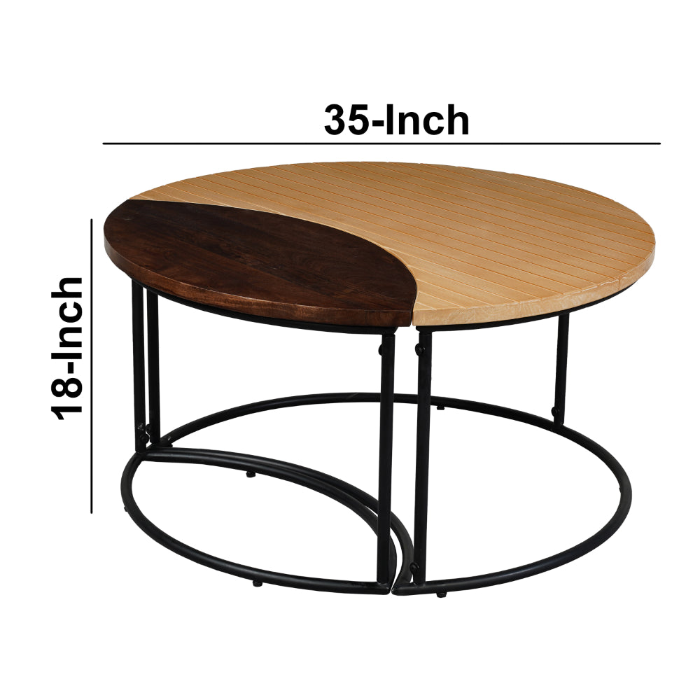 The Urban Port 35 Inch 2 Piece Coffee Table with Black Iron Frame, 2 Tone Mango Wood Top In Natural Brown And Walnut