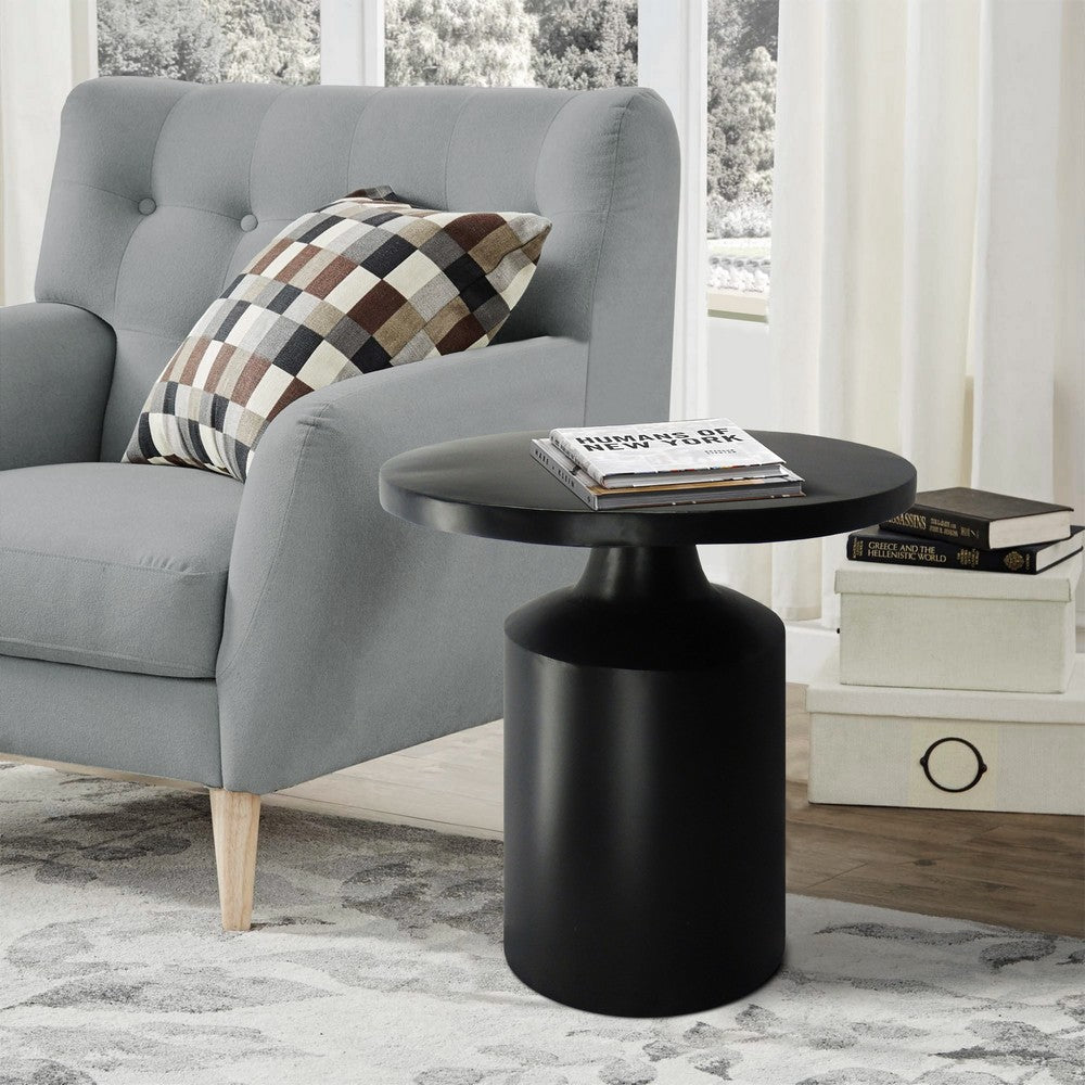 The Urban Port Zoe 20 Inch Modern Round Iron Side Table with Pedestal Base, Matte Black