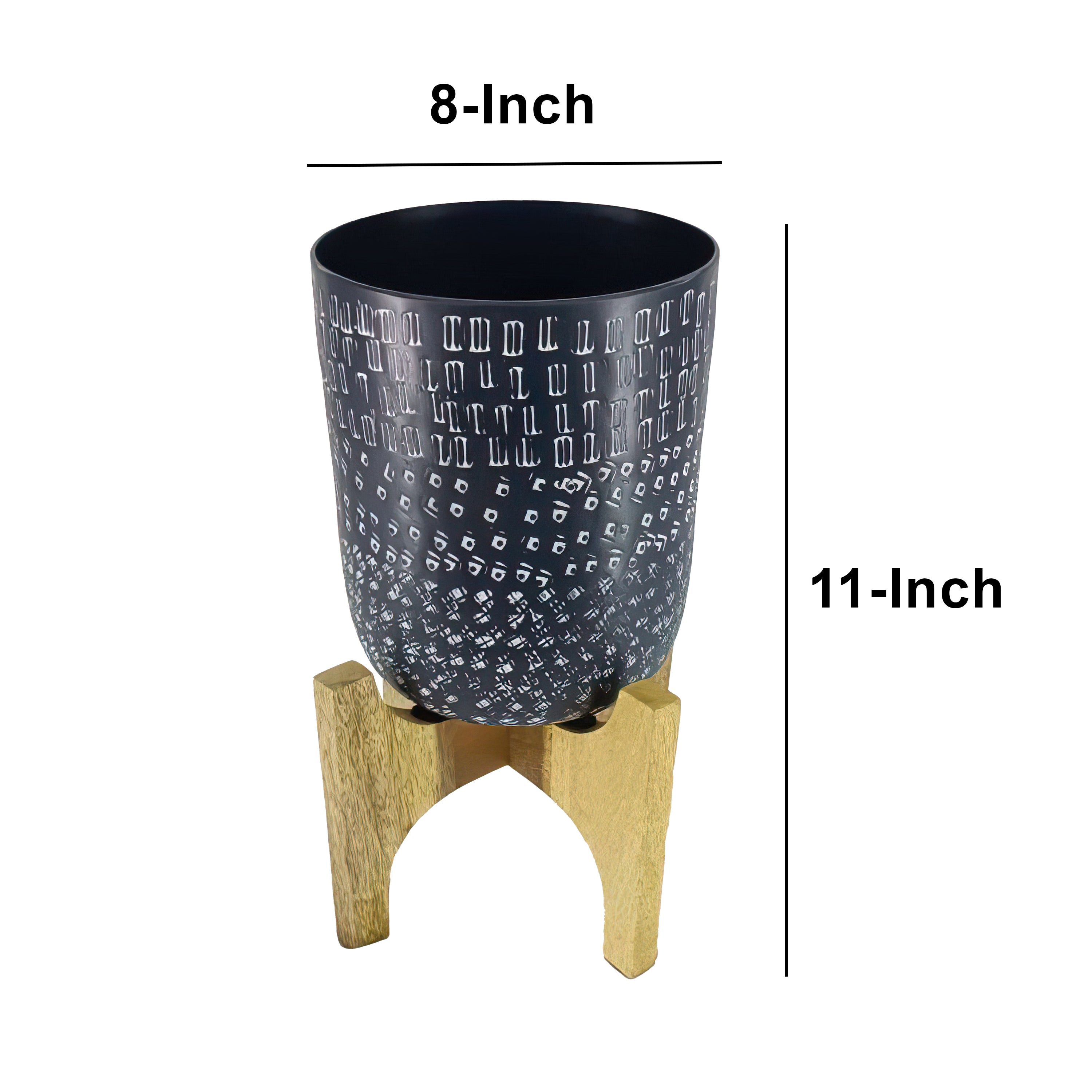 The Urban Port Alex 8 Inch Artisanal Industrial Round Hammered Metal Planter Pot with Wood Arch Stand, Midnight Blue