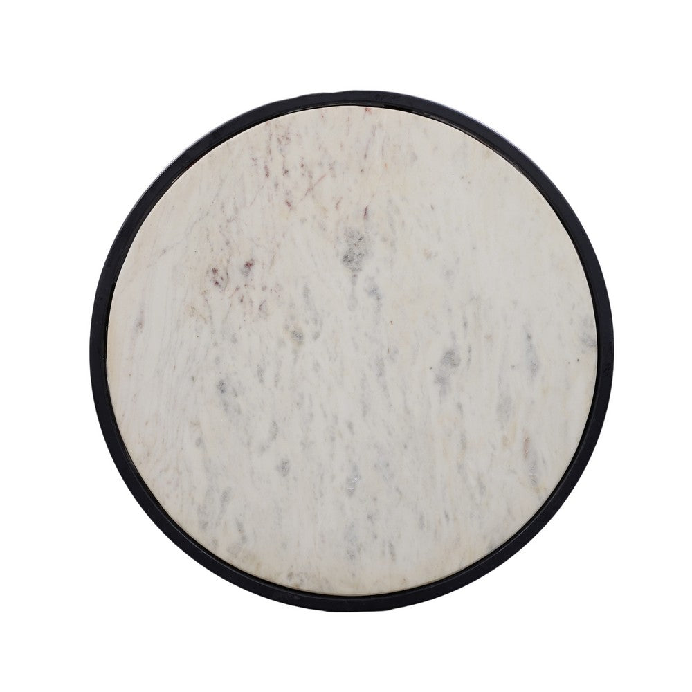 The Urban Port Beri 18 Inch Side End Table, Round White Natural Marble Top, Classic Slim Black Iron Frame