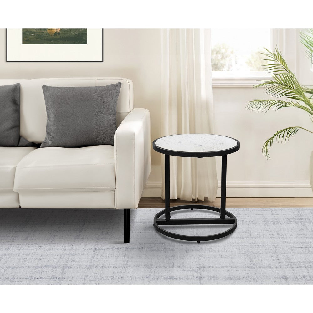 The Urban Port Beri 18 Inch Side End Table, Round White Natural Marble Top, Classic Slim Black Iron Frame