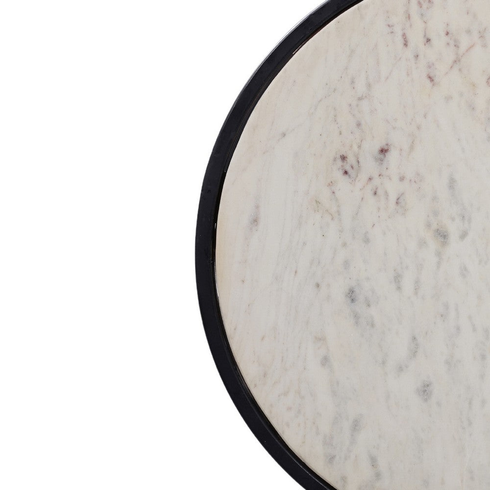 The Urban Port Beri 18 Inch Side End Table, Round White Natural Marble Top, Classic Slim Black Iron Frame