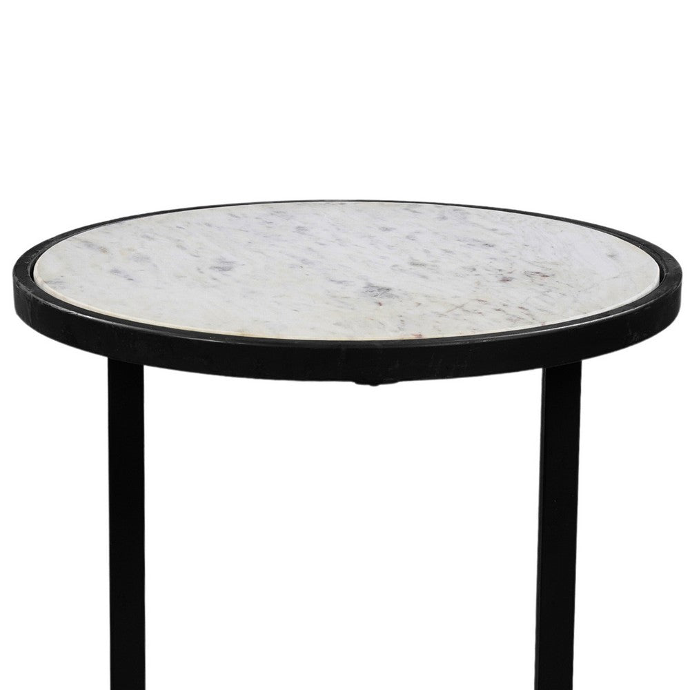 The Urban Port Beri 18 Inch Side End Table, Round White Natural Marble Top, Classic Slim Black Iron Frame