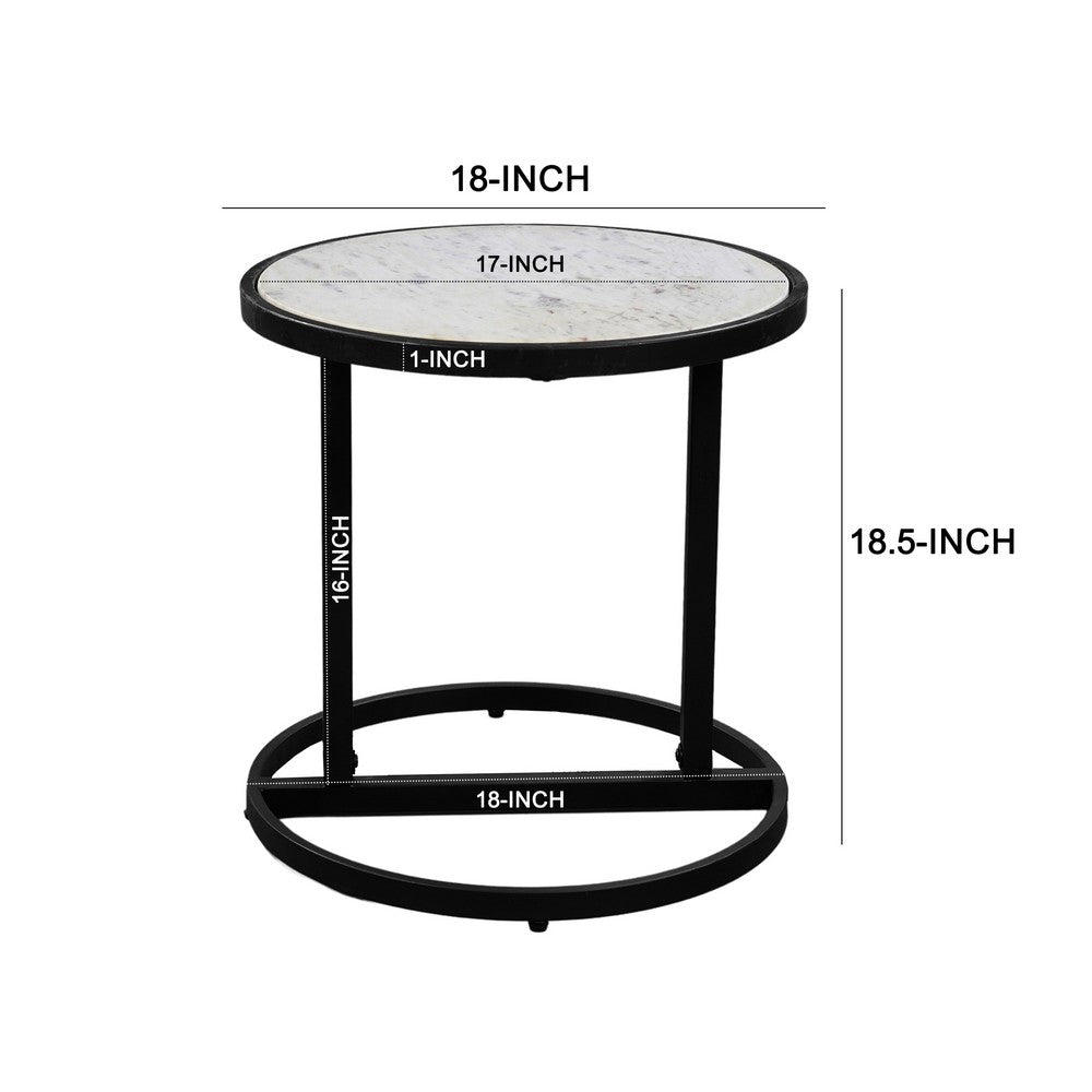 The Urban Port Beri 18 Inch Side End Table, Round White Natural Marble Top, Classic Slim Black Iron Frame