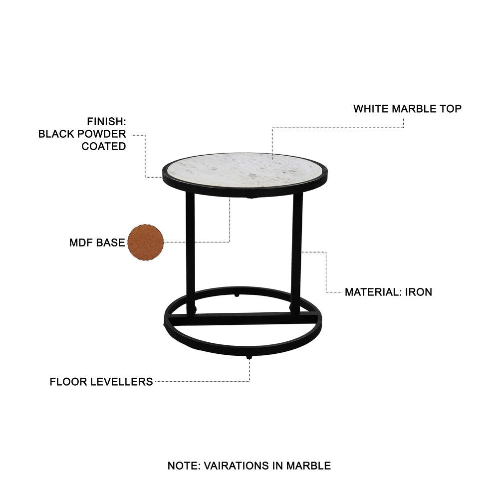 The Urban Port Beri 18 Inch Side End Table, Round White Natural Marble Top, Classic Slim Black Iron Frame