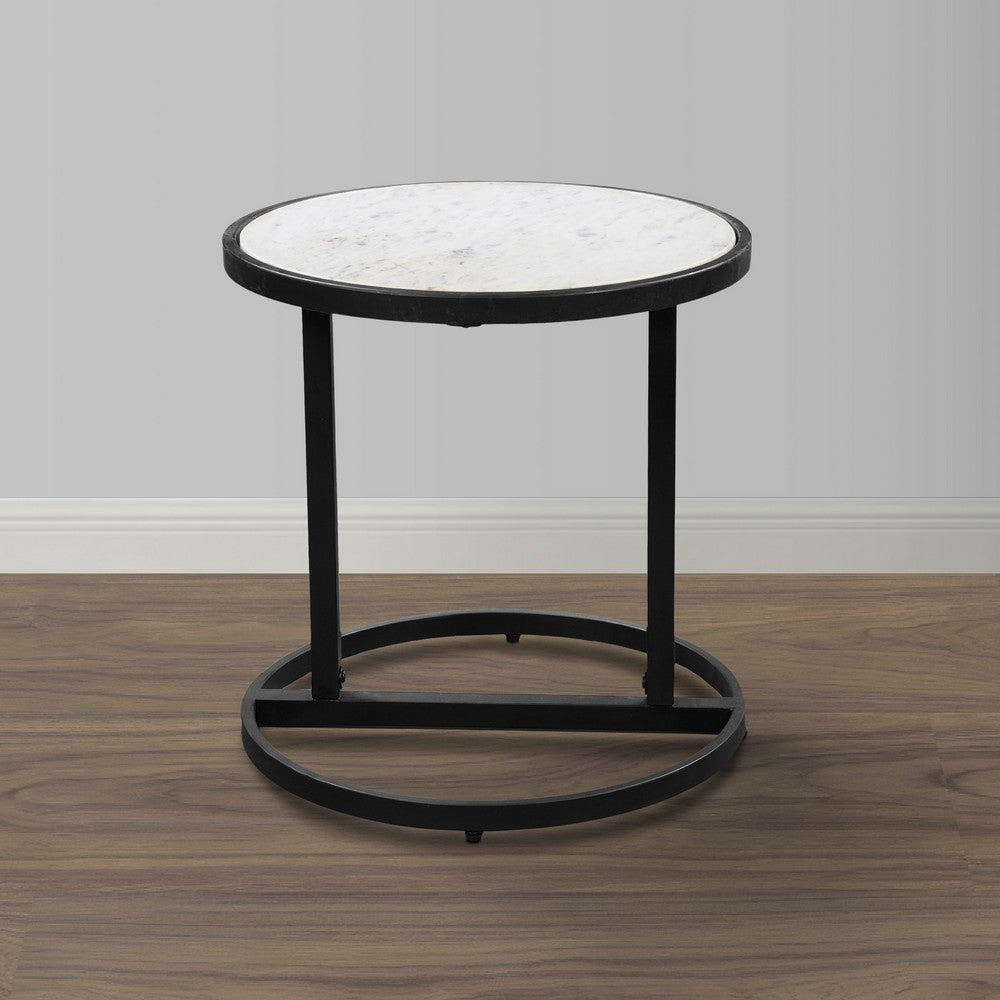 The Urban Port Beri 18 Inch Side End Table, Round White Natural Marble Top, Classic Slim Black Iron Frame