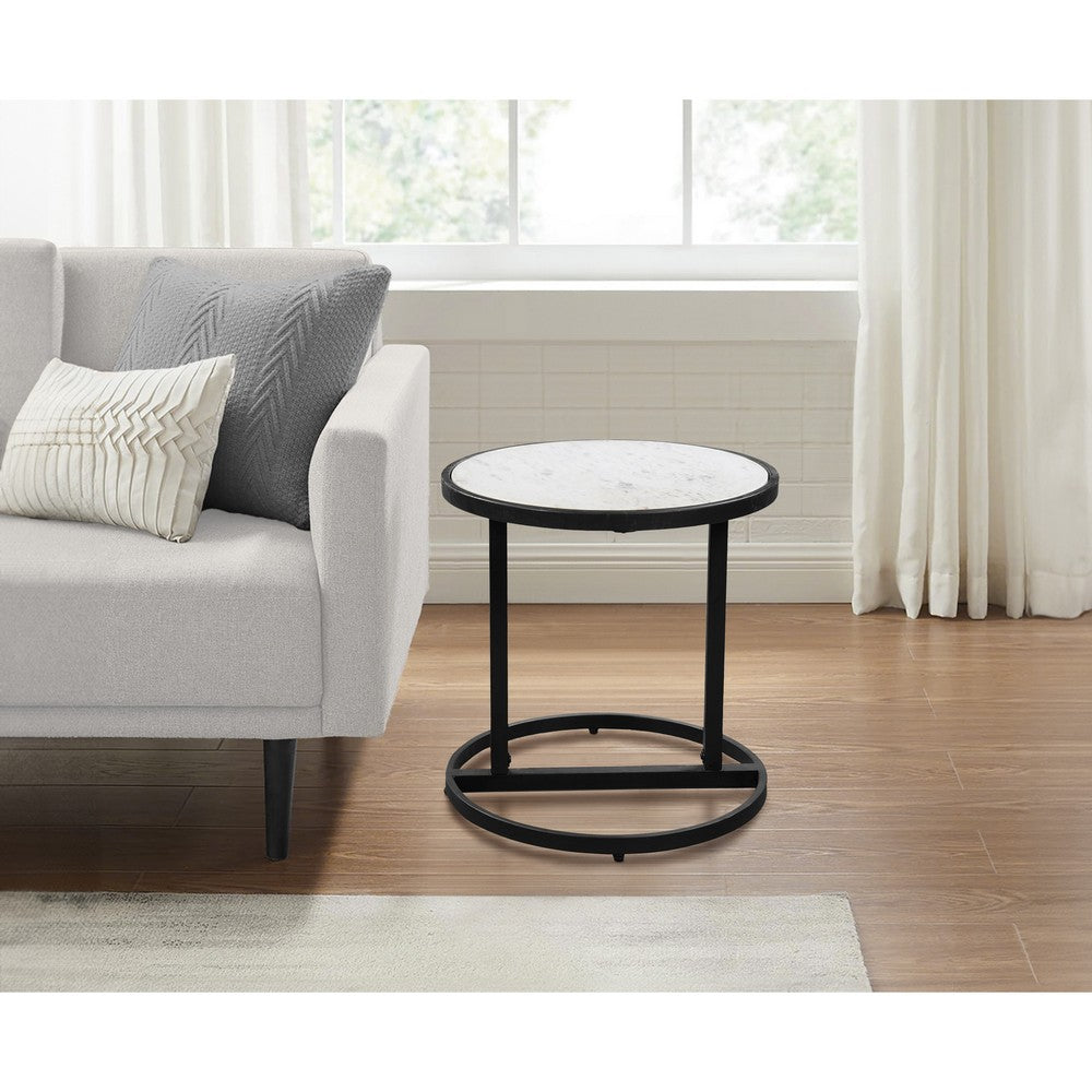 The Urban Port Beri 18 Inch Side End Table, Round White Natural Marble Top, Classic Slim Black Iron Frame