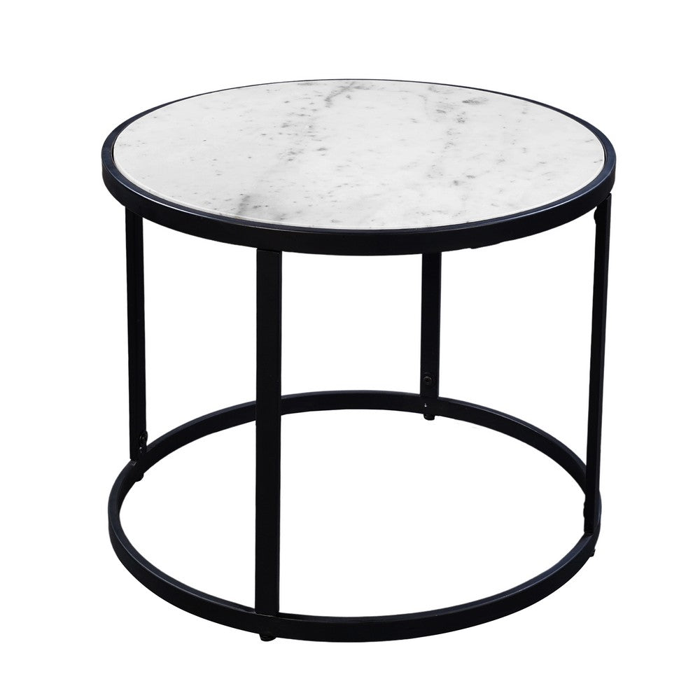 The Urban Port 23 Inch Side End Table, Modern Round White Natural Marble Top, Classic Black Iron Frame