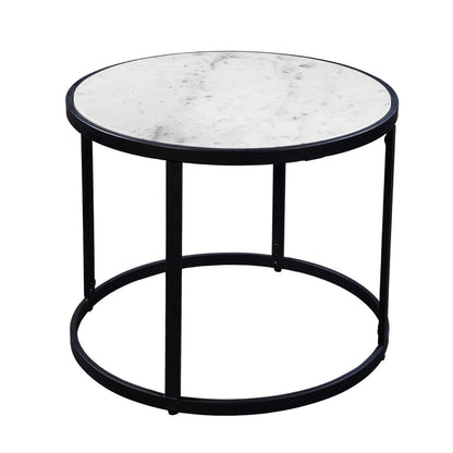The Urban Port 23 Inch Side End Table, Modern Round White Natural Marble Top, Classic Black Iron Frame