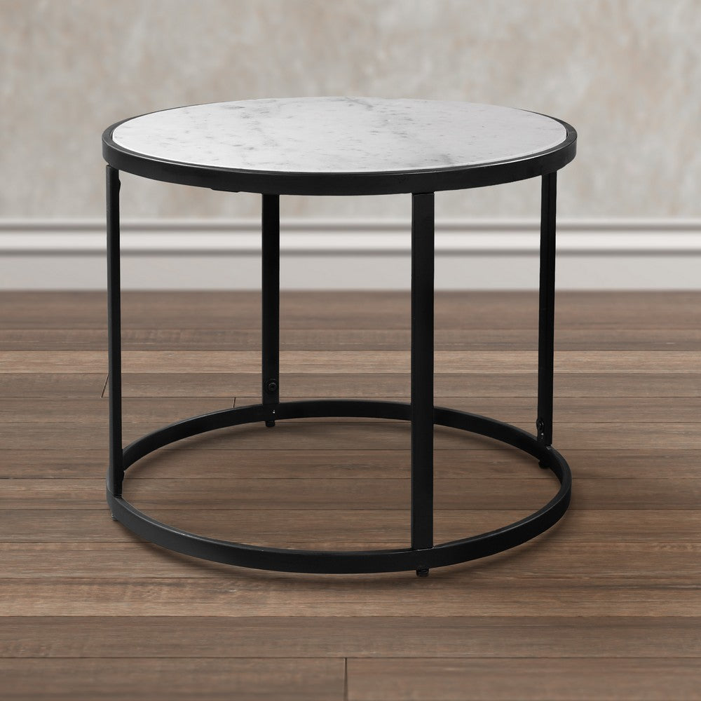 The Urban Port 23 Inch Side End Table, Modern Round White Natural Marble Top, Classic Black Iron Frame