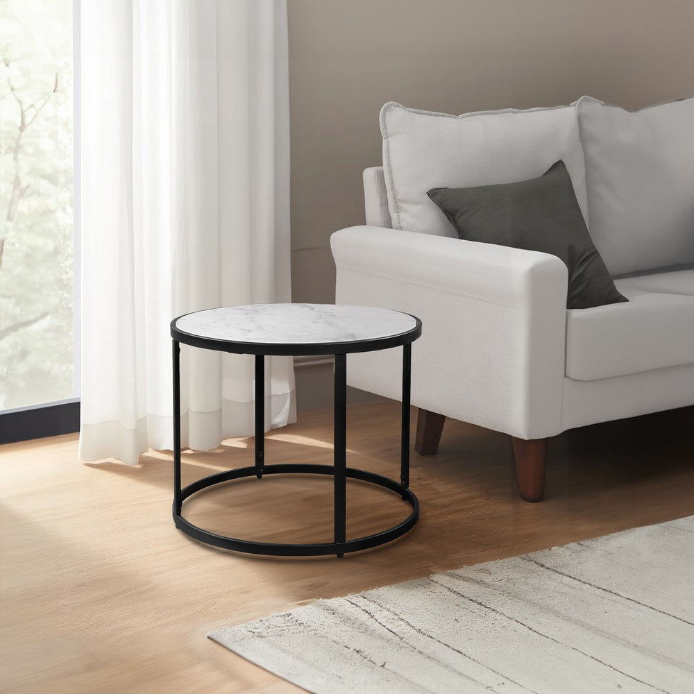 The Urban Port 23 Inch Side End Table, Modern Round White Natural Marble Top, Classic Black Iron Frame