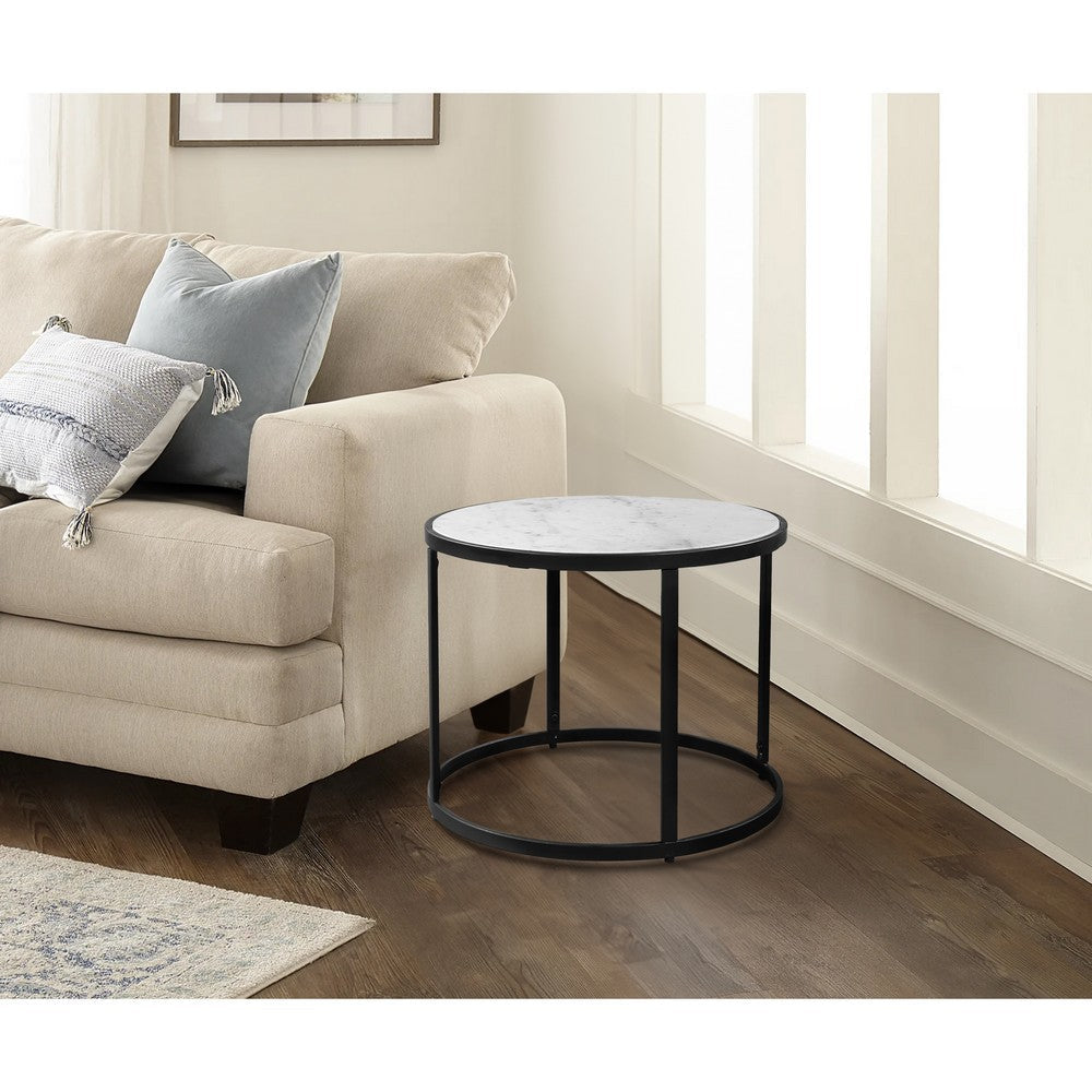The Urban Port 23 Inch Side End Table, Modern Round White Natural Marble Top, Classic Black Iron Frame