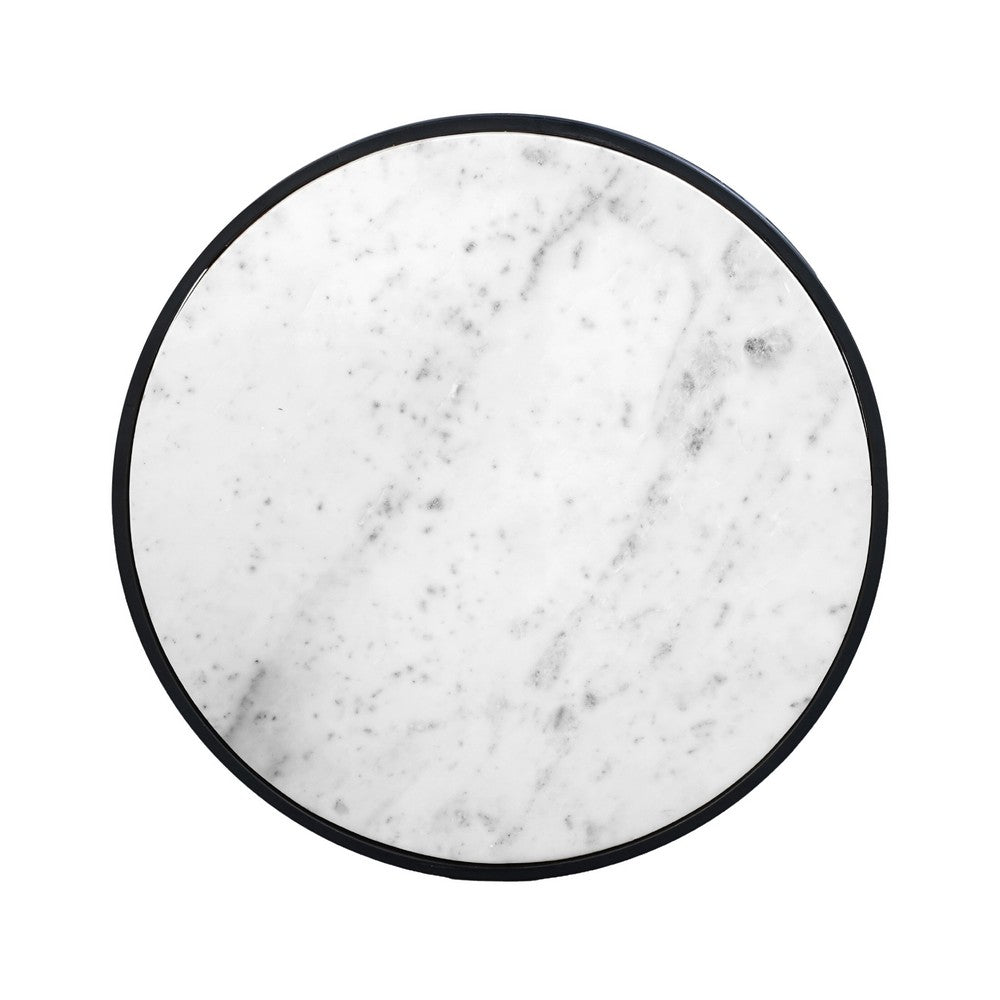 The Urban Port 23 Inch Side End Table, Modern Round White Natural Marble Top, Classic Black Iron Frame