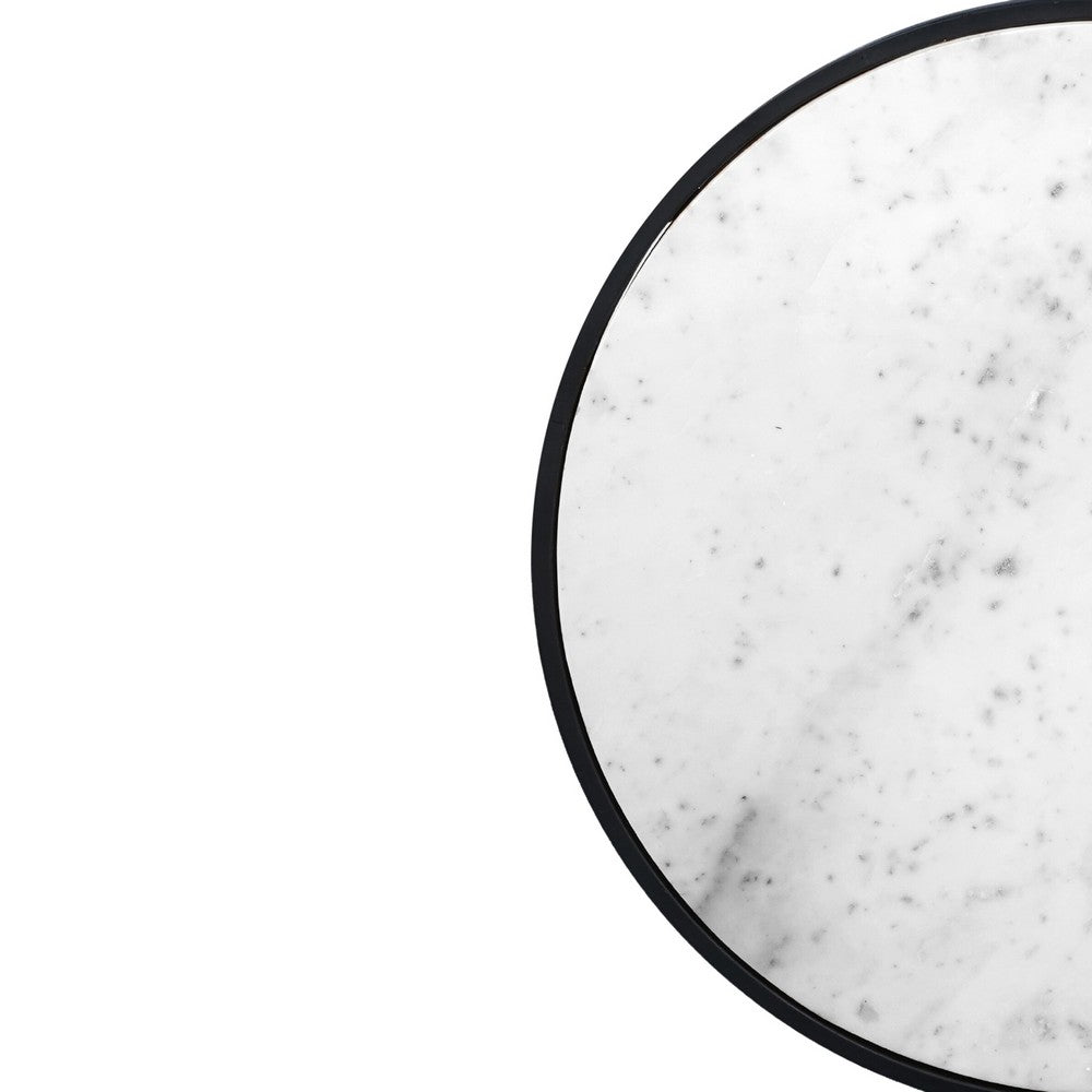 The Urban Port 23 Inch Side End Table, Modern Round White Natural Marble Top, Classic Black Iron Frame