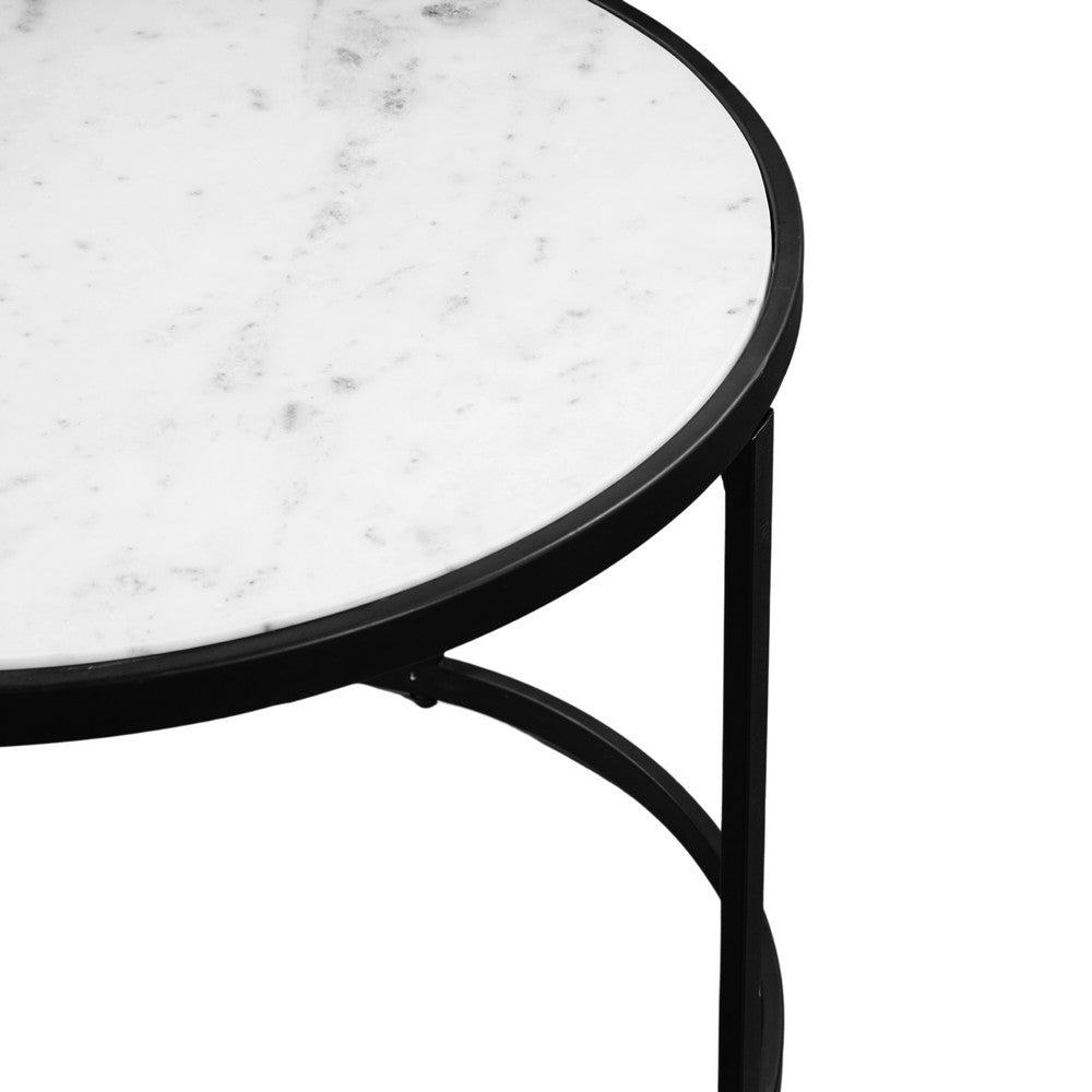 The Urban Port 23 Inch Side End Table, Modern Round White Natural Marble Top, Classic Black Iron Frame