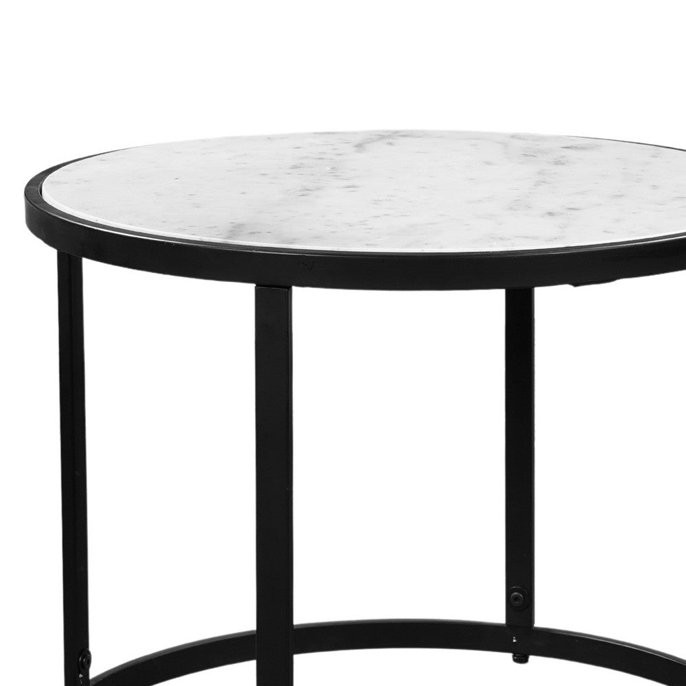 The Urban Port 23 Inch Side End Table, Modern Round White Natural Marble Top, Classic Black Iron Frame