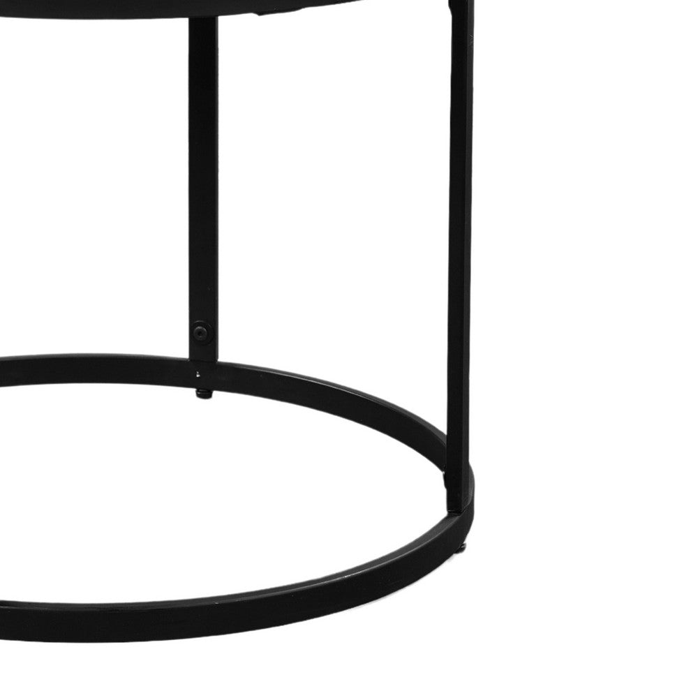 The Urban Port 23 Inch Side End Table, Modern Round White Natural Marble Top, Classic Black Iron Frame