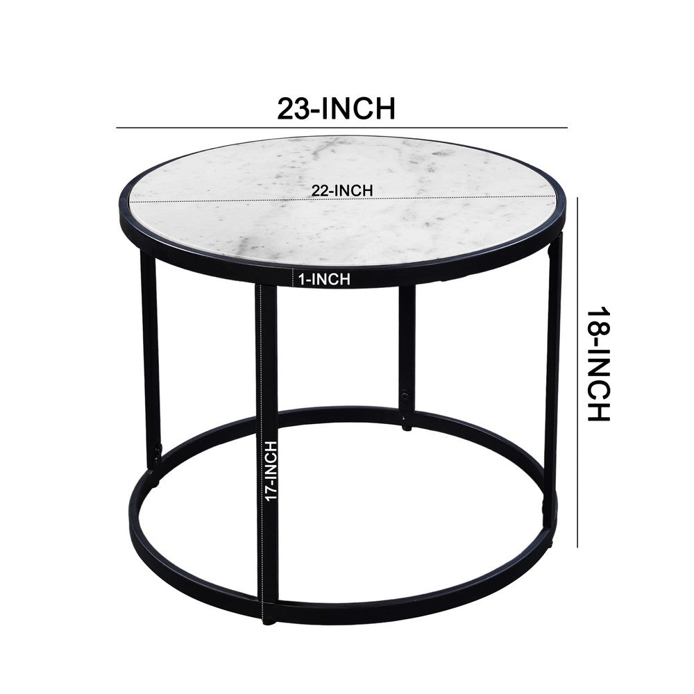 The Urban Port 23 Inch Side End Table, Modern Round White Natural Marble Top, Classic Black Iron Frame