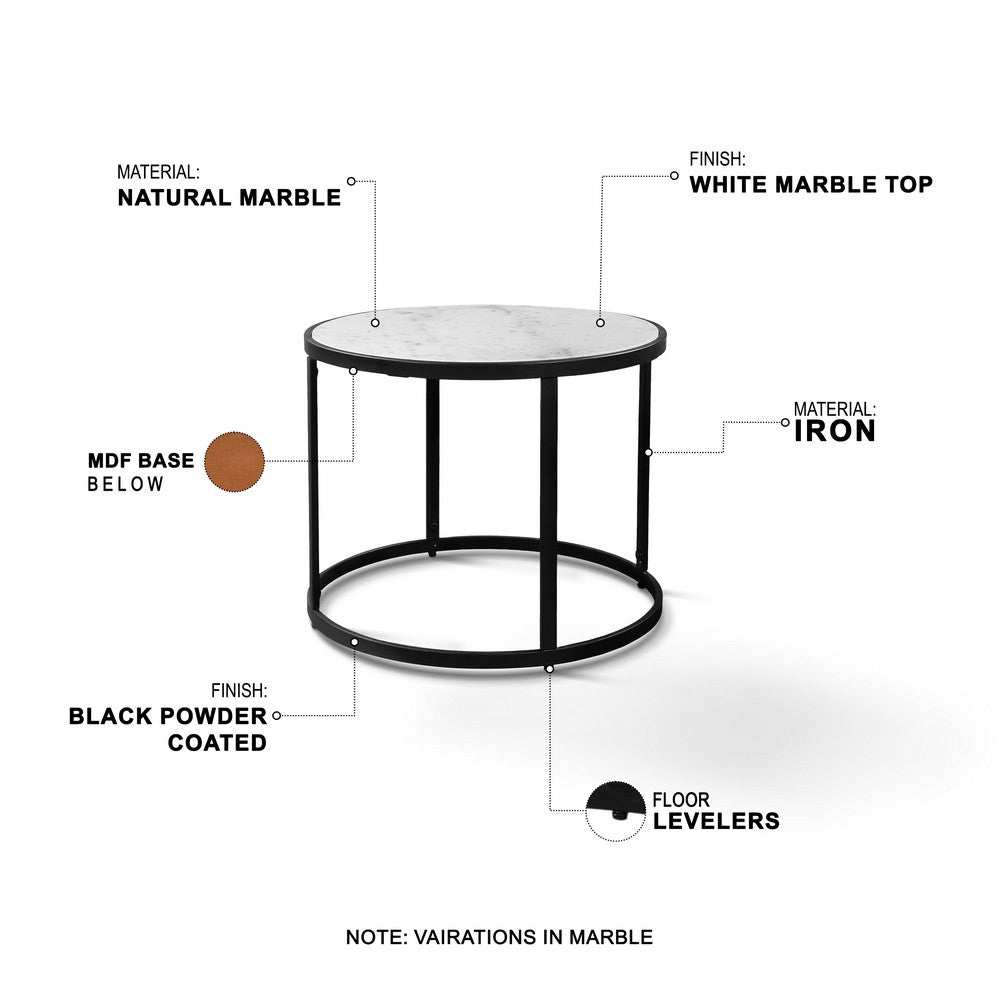 The Urban Port 23 Inch Side End Table, Modern Round White Natural Marble Top, Classic Black Iron Frame