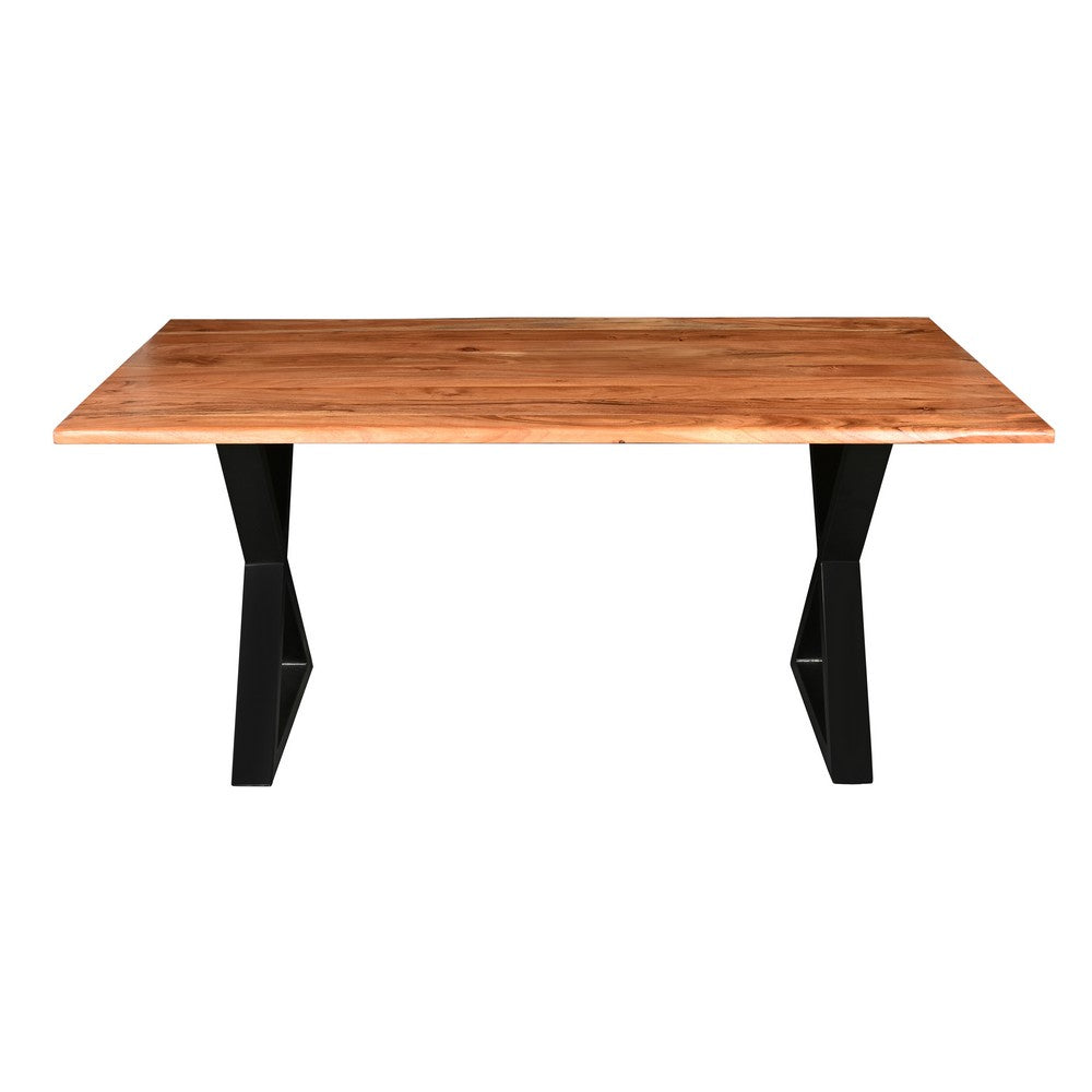 The Urban Port 67 Inch Rectangular Dining Table with Crossed Black Metal Legs And Natural Brown Faux Live Edge Acacia Wood Top