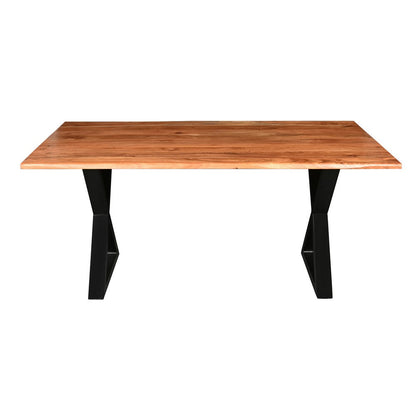The Urban Port 67 Inch Rectangular Dining Table with Crossed Black Metal Legs And Natural Brown Faux Live Edge Acacia Wood Top