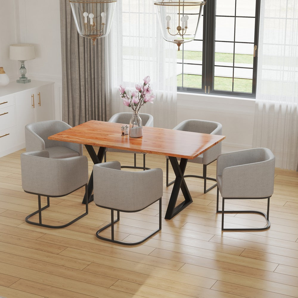 The Urban Port 67 Inch Rectangular Dining Table with Crossed Black Metal Legs And Natural Brown Faux Live Edge Acacia Wood Top