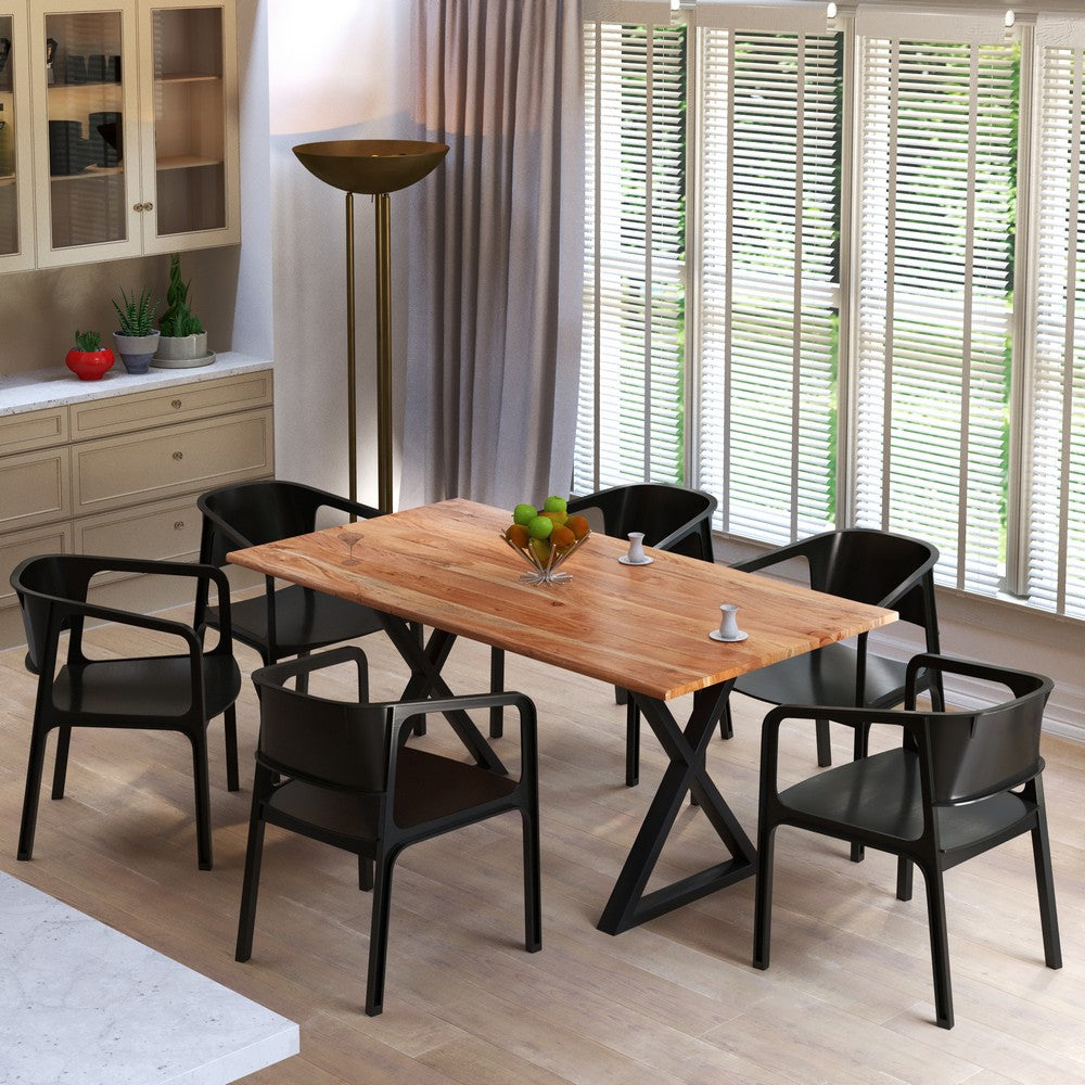 The Urban Port 67 Inch Rectangular Dining Table with Crossed Black Metal Legs And Natural Brown Faux Live Edge Acacia Wood Top