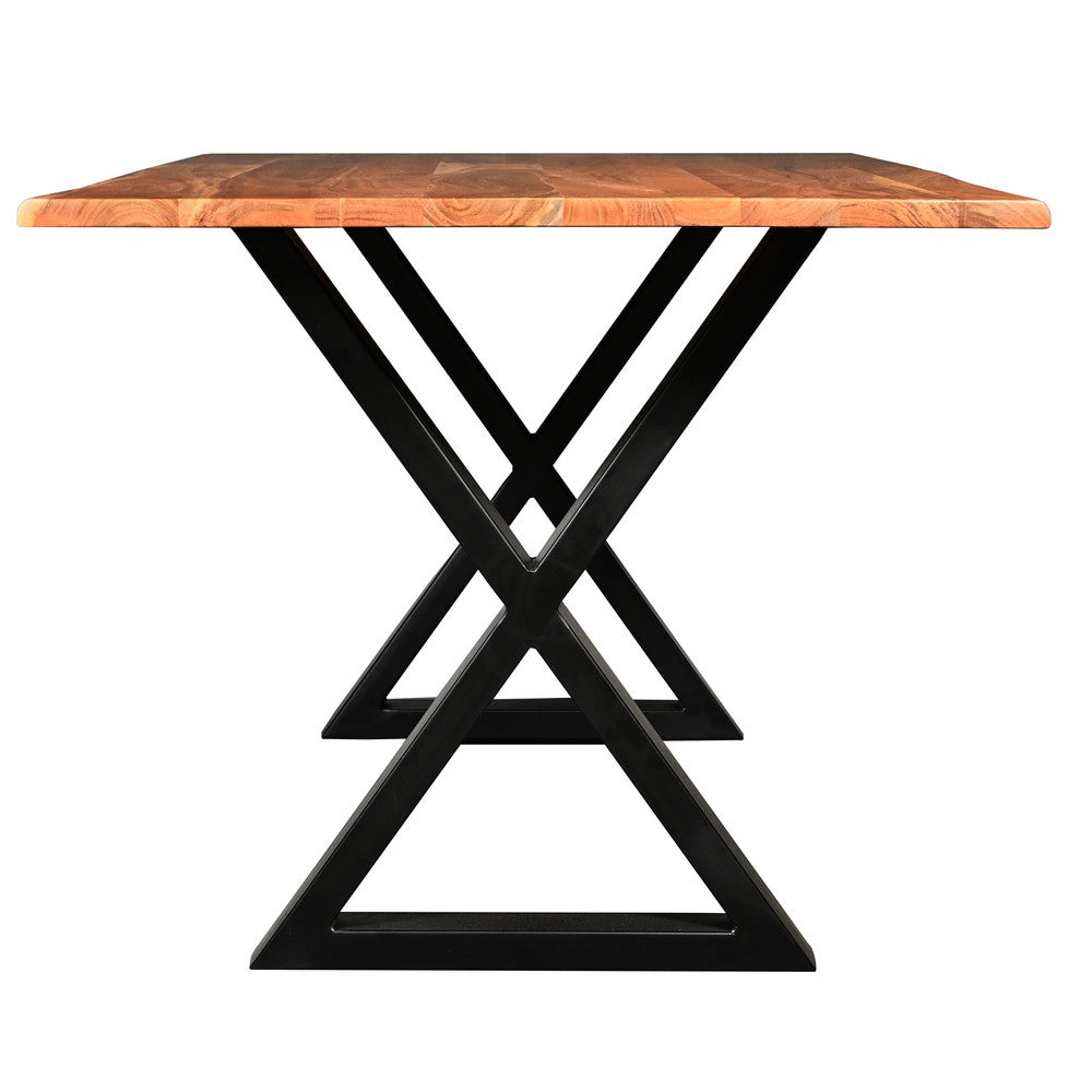 The Urban Port 67 Inch Rectangular Dining Table with Crossed Black Metal Legs And Natural Brown Faux Live Edge Acacia Wood Top