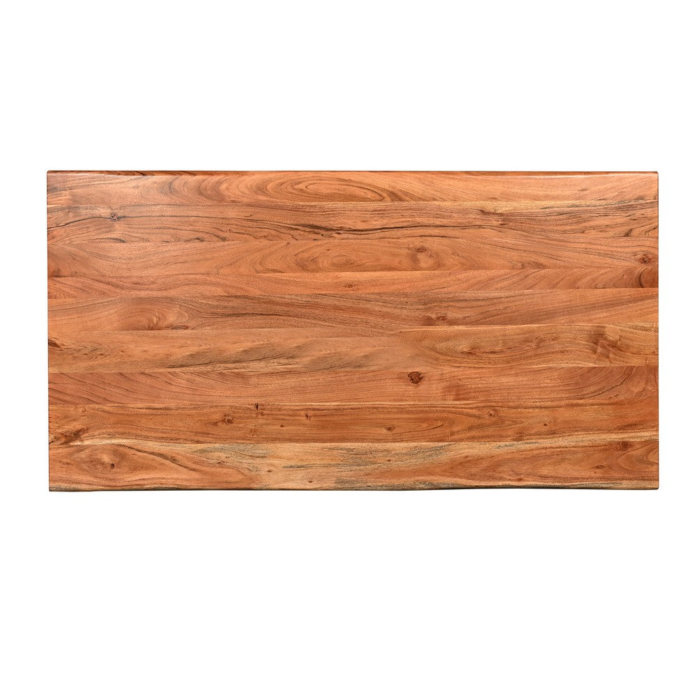 The Urban Port 67 Inch Rectangular Dining Table with Crossed Black Metal Legs And Natural Brown Faux Live Edge Acacia Wood Top