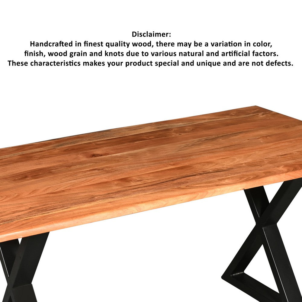 The Urban Port 67 Inch Rectangular Dining Table with Crossed Black Metal Legs And Natural Brown Faux Live Edge Acacia Wood Top