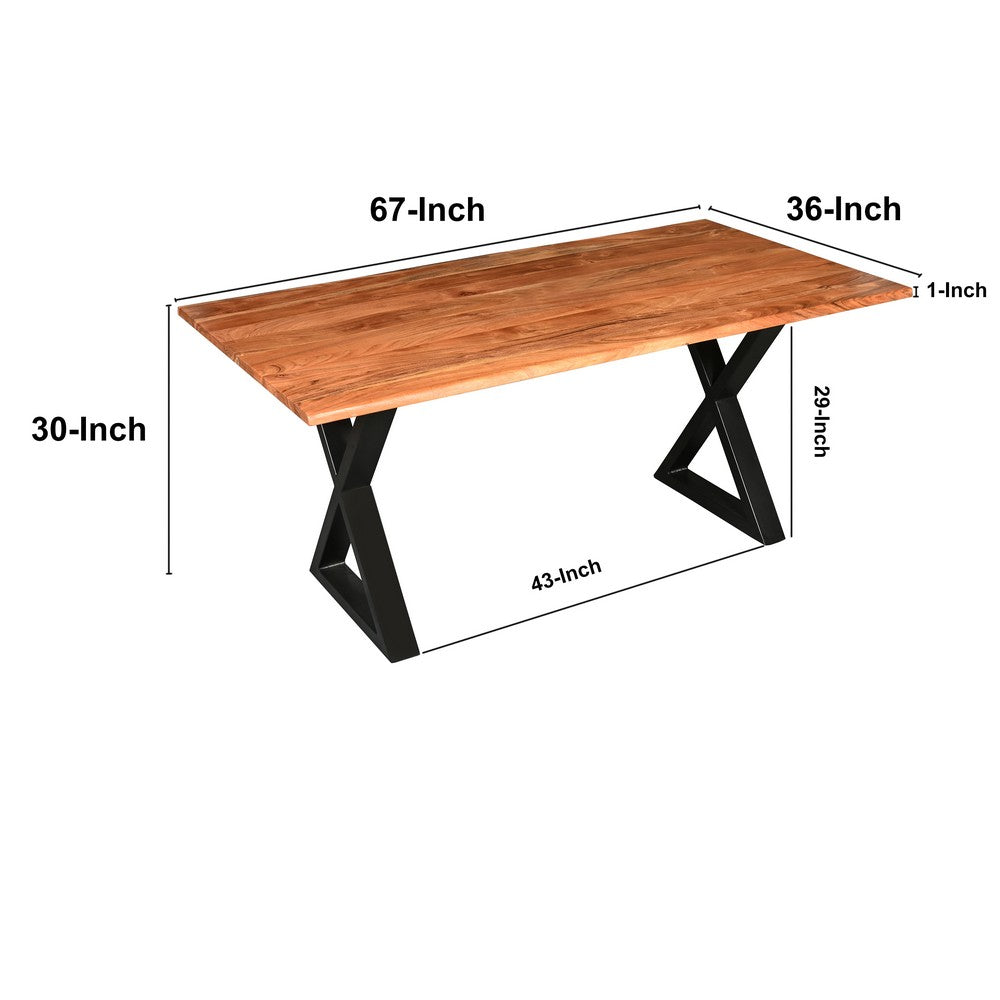 The Urban Port 67 Inch Rectangular Dining Table with Crossed Black Metal Legs And Natural Brown Faux Live Edge Acacia Wood Top