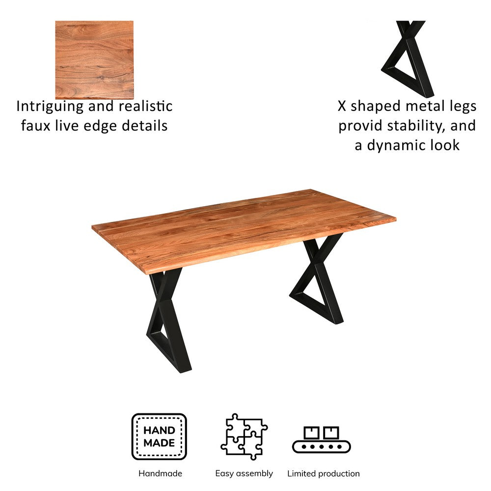 The Urban Port 67 Inch Rectangular Dining Table with Crossed Black Metal Legs And Natural Brown Faux Live Edge Acacia Wood Top