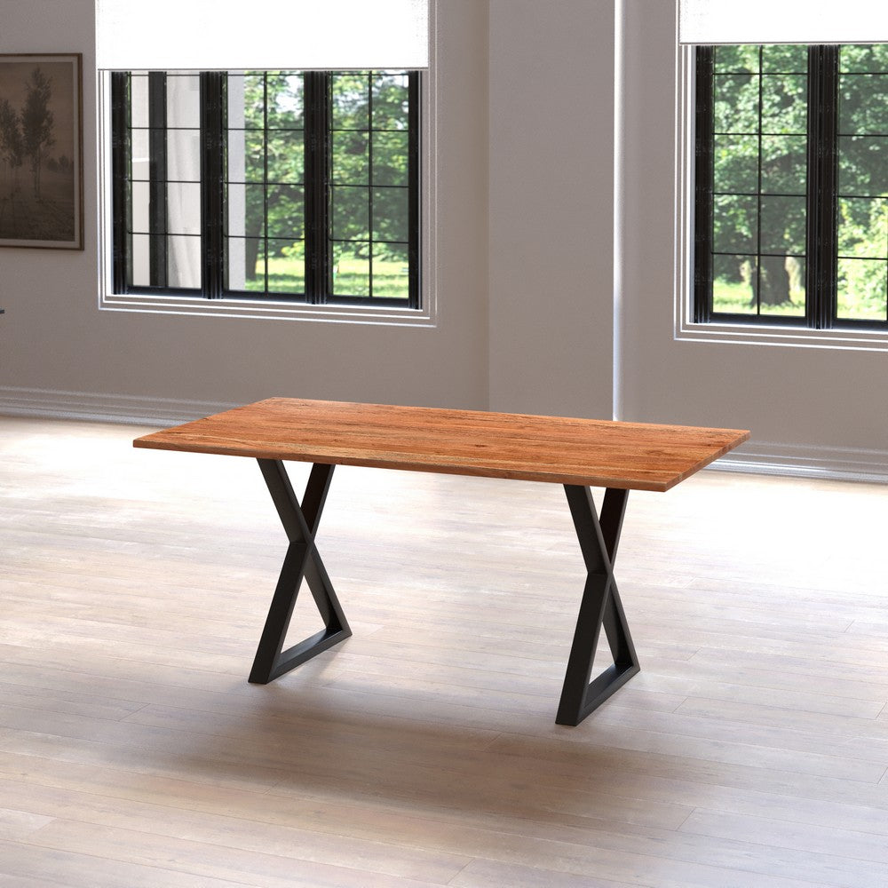 The Urban Port 67 Inch Rectangular Dining Table with Crossed Black Metal Legs And Natural Brown Faux Live Edge Acacia Wood Top