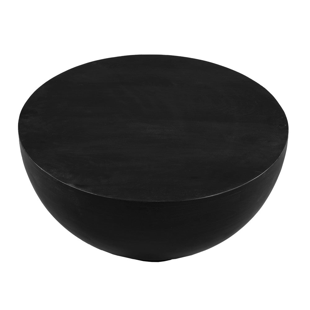 The Urban Port 30 Inch Modern Art Coffee Table, Round Drum Shape, Solid Mango Wood, Matte Black