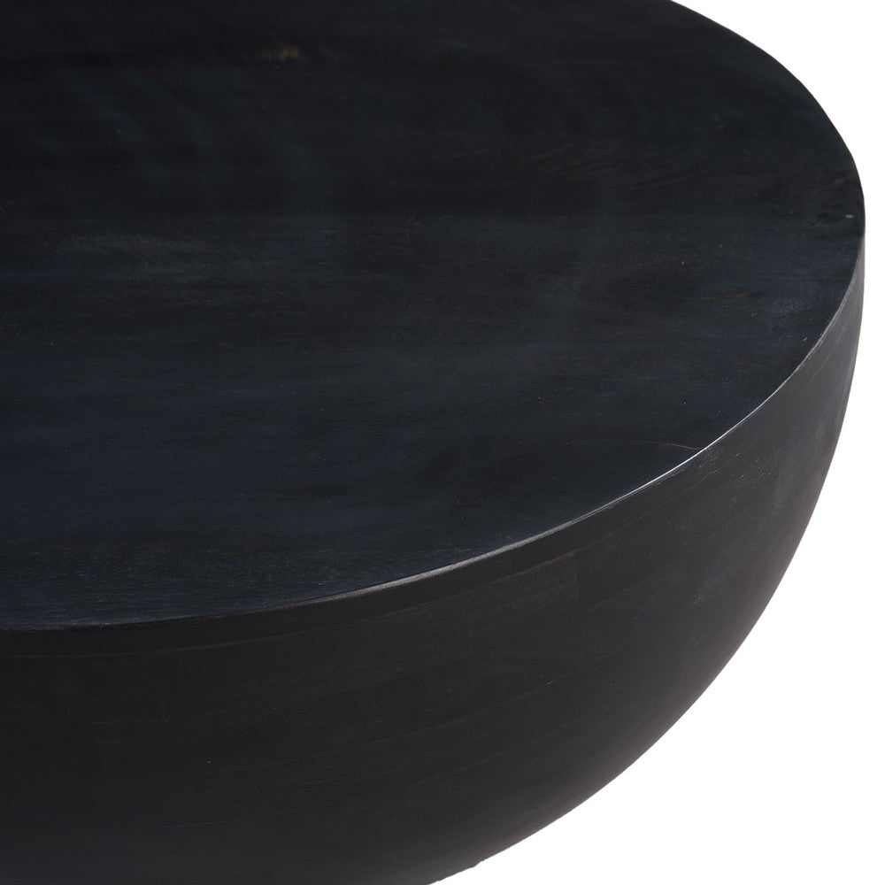 The Urban Port 30 Inch Modern Art Coffee Table, Round Drum Shape, Solid Mango Wood, Matte Black