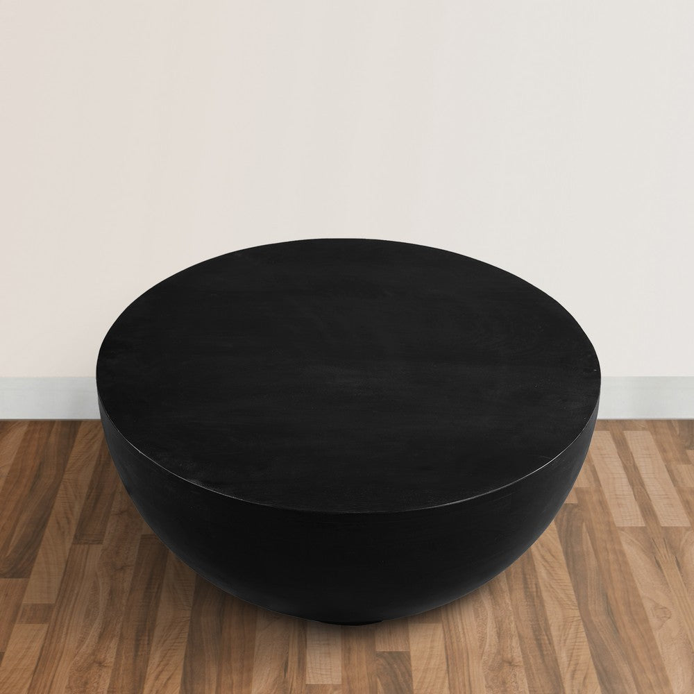 The Urban Port 30 Inch Modern Art Coffee Table, Round Drum Shape, Solid Mango Wood, Matte Black