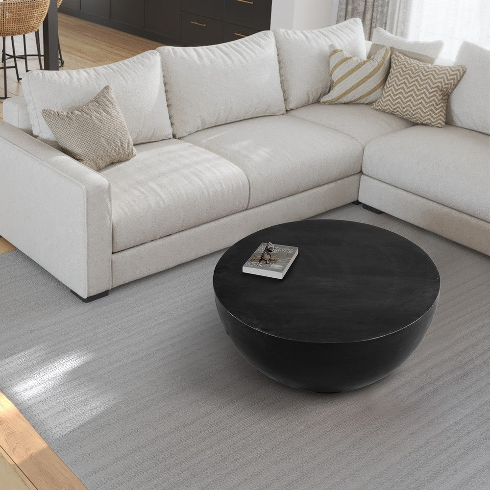The Urban Port 30 Inch Modern Art Coffee Table, Round Drum Shape, Solid Mango Wood, Matte Black