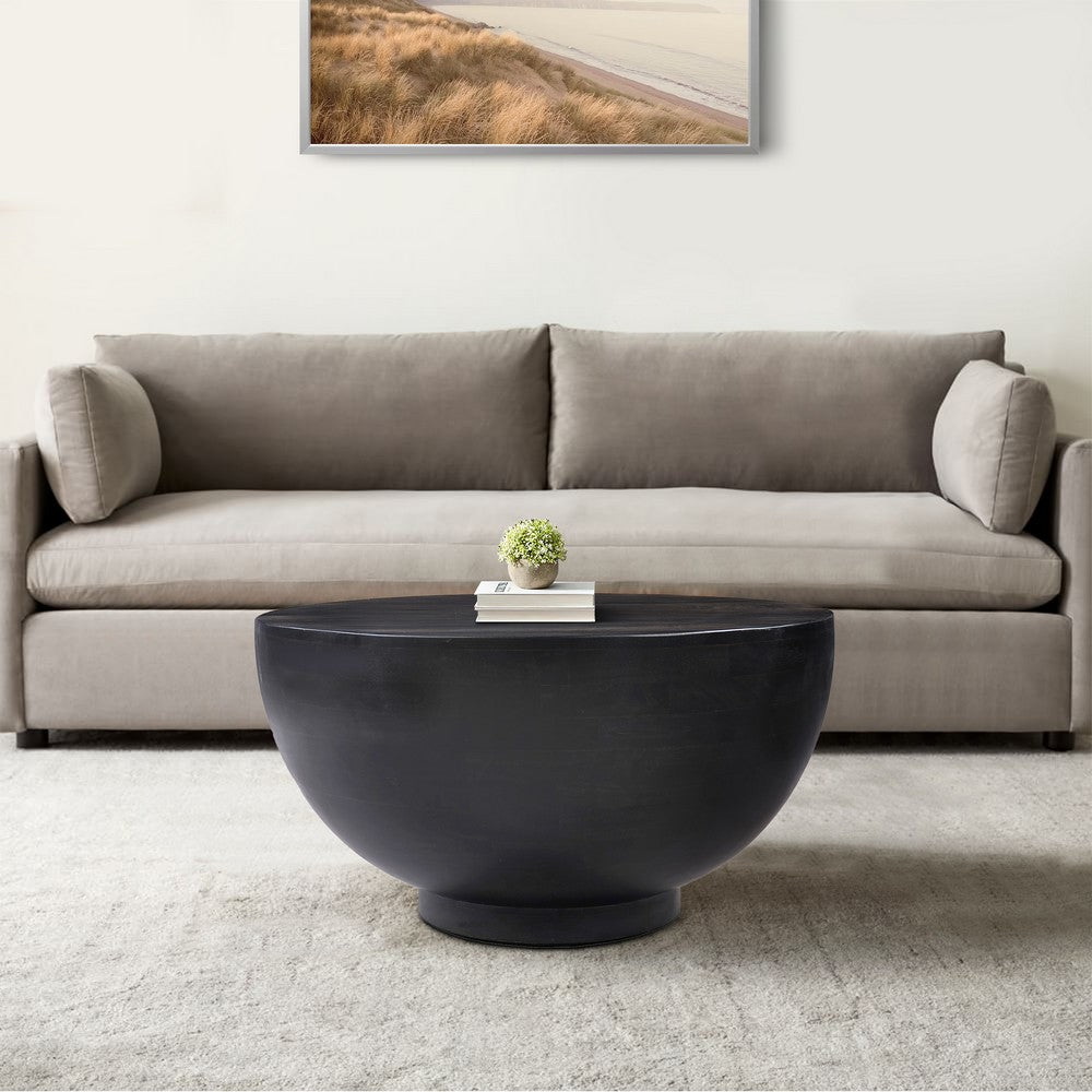 The Urban Port 30 Inch Modern Art Coffee Table, Round Drum Shape, Solid Mango Wood, Matte Black