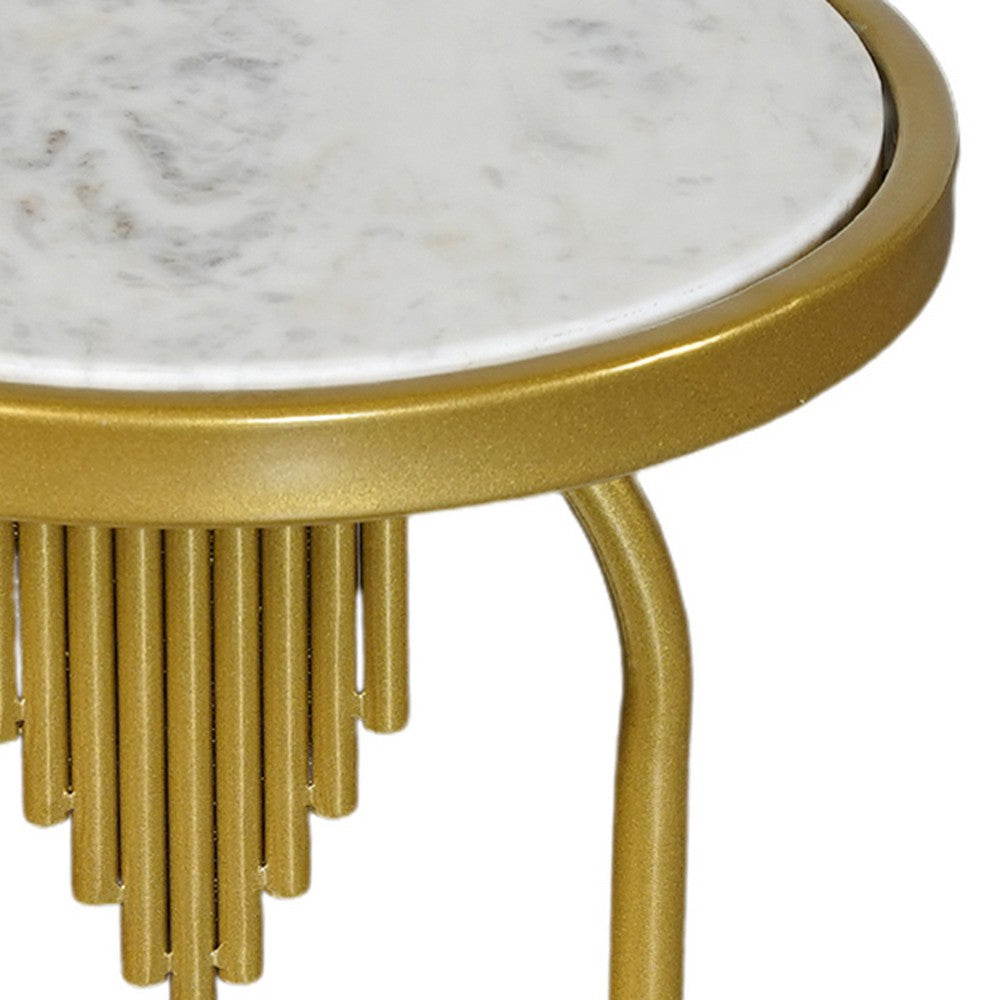 The Urban Port Soho Side End Table with Round Marble Top, Gold Oblong Frame, 21-Inch Height