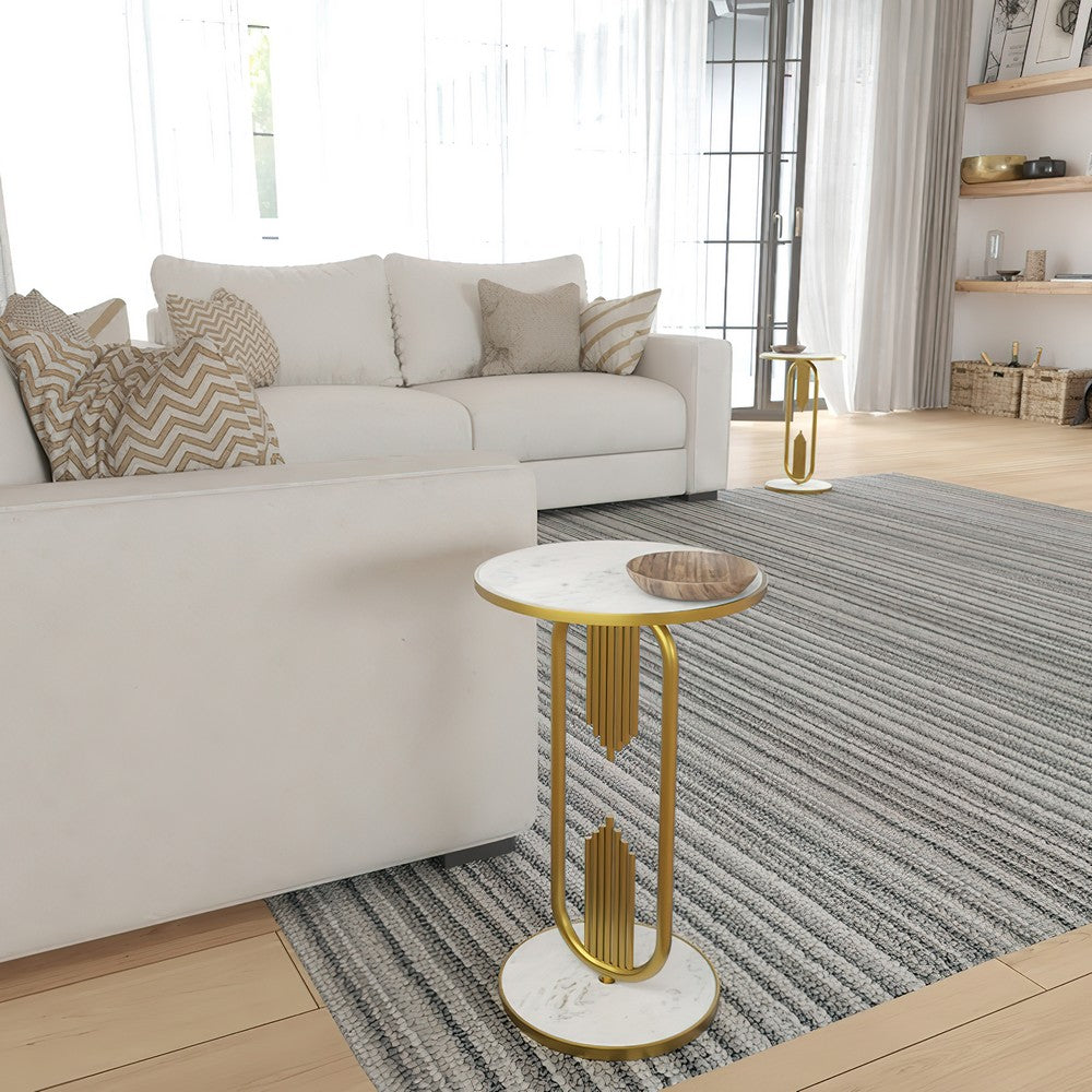 The Urban Port Soho Side End Table with Round Marble Top, Gold Oblong Frame, 21-Inch Height