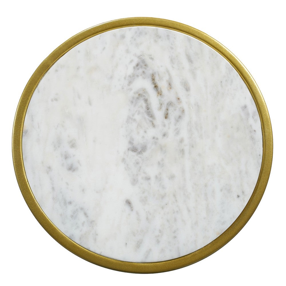 The Urban Port Soho Side End Table with Round Marble Top, Gold Oblong Frame, 21-Inch Height