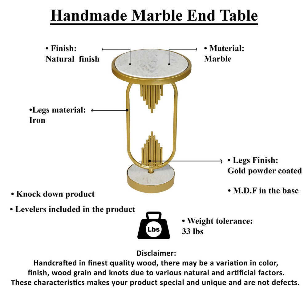 The Urban Port Soho Side End Table with Round Marble Top, Gold Oblong Frame, 21-Inch Height