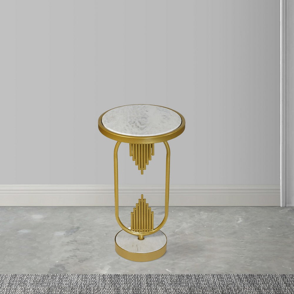 The Urban Port Soho Side End Table with Round Marble Top, Gold Oblong Frame, 21-Inch Height