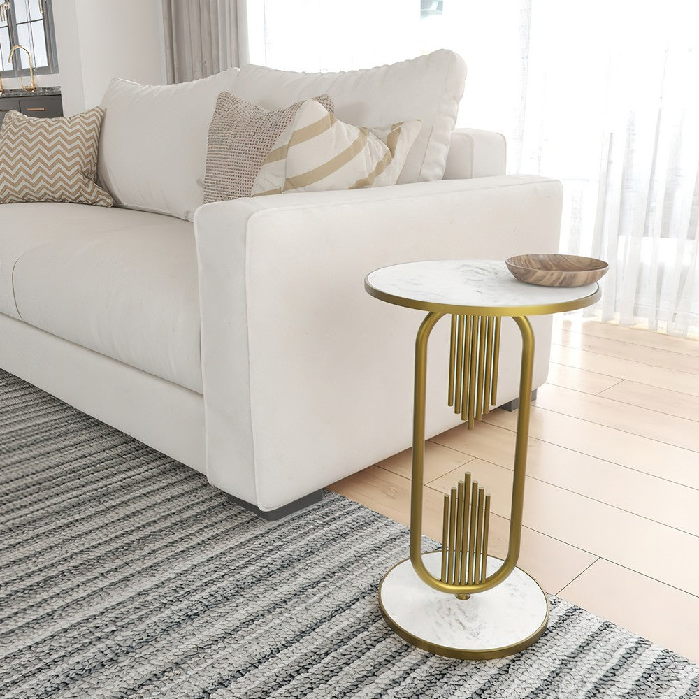 The Urban Port Soho Side End Table with Round Marble Top, Gold Oblong Frame, 21-Inch Height