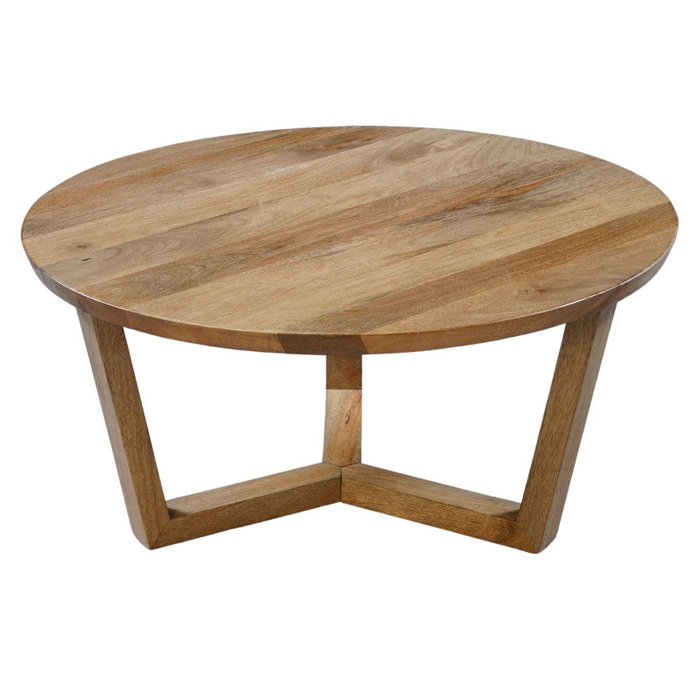 The Urban Port Nina 30 inch Round Mango Wood Coffee Table - Handcrafted Natural Brown, Sturdy 3-Leg Sled Base