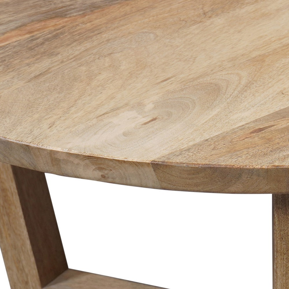 The Urban Port Nina 30 inch Round Mango Wood Coffee Table - Handcrafted Natural Brown, Sturdy 3-Leg Sled Base