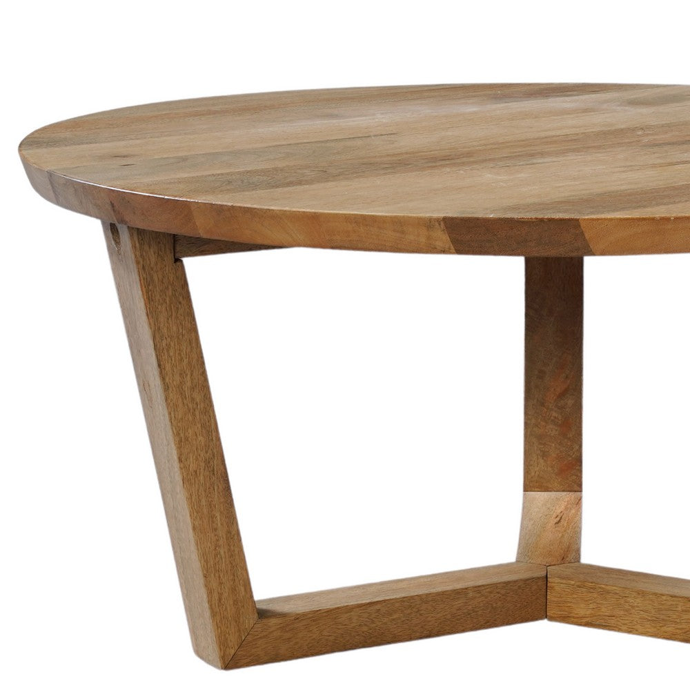 The Urban Port Nina 30 inch Round Mango Wood Coffee Table - Handcrafted Natural Brown, Sturdy 3-Leg Sled Base